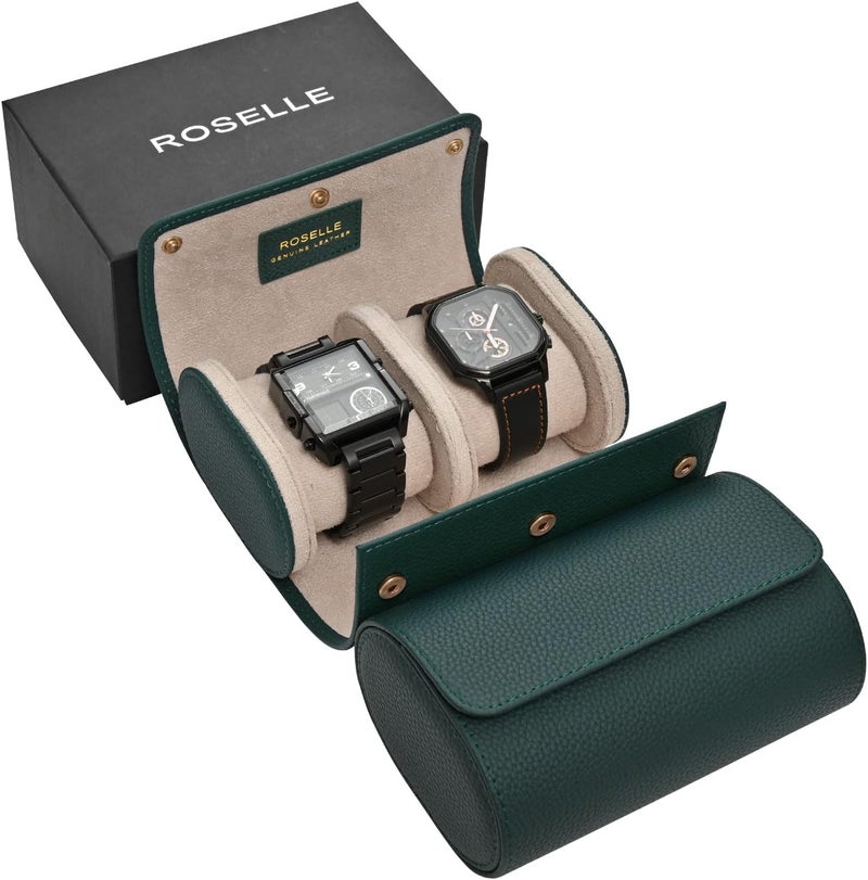 ROSELLE Genuine Leather Watch Roll Travel Case - Watch Roll Case For 2 Watches With Luxury Lining - Protect, Travel,Store, Display Fine Watches (2 slot Green-Genuine Leather) - Image 1